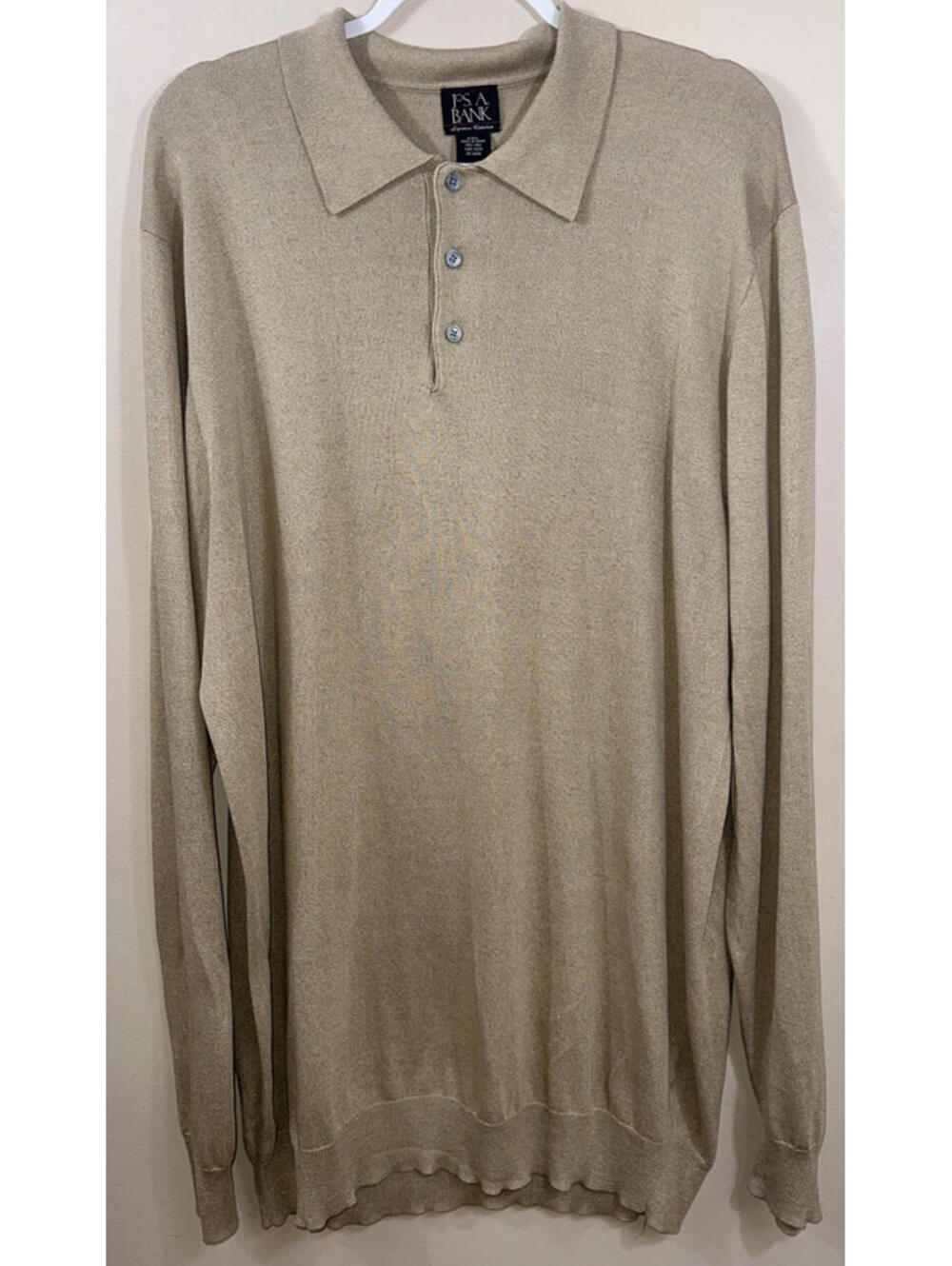 Jos A Bank Mens Silk Long Sleeve Polo Sweater Beige Size XXL Office Career Golf